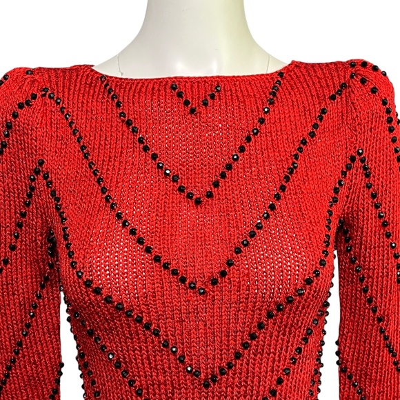 Nannell Beaded Sweater Red Black Vintage 80’s Hand-knit Rayon Blend Size Small - Picture 3 of 10